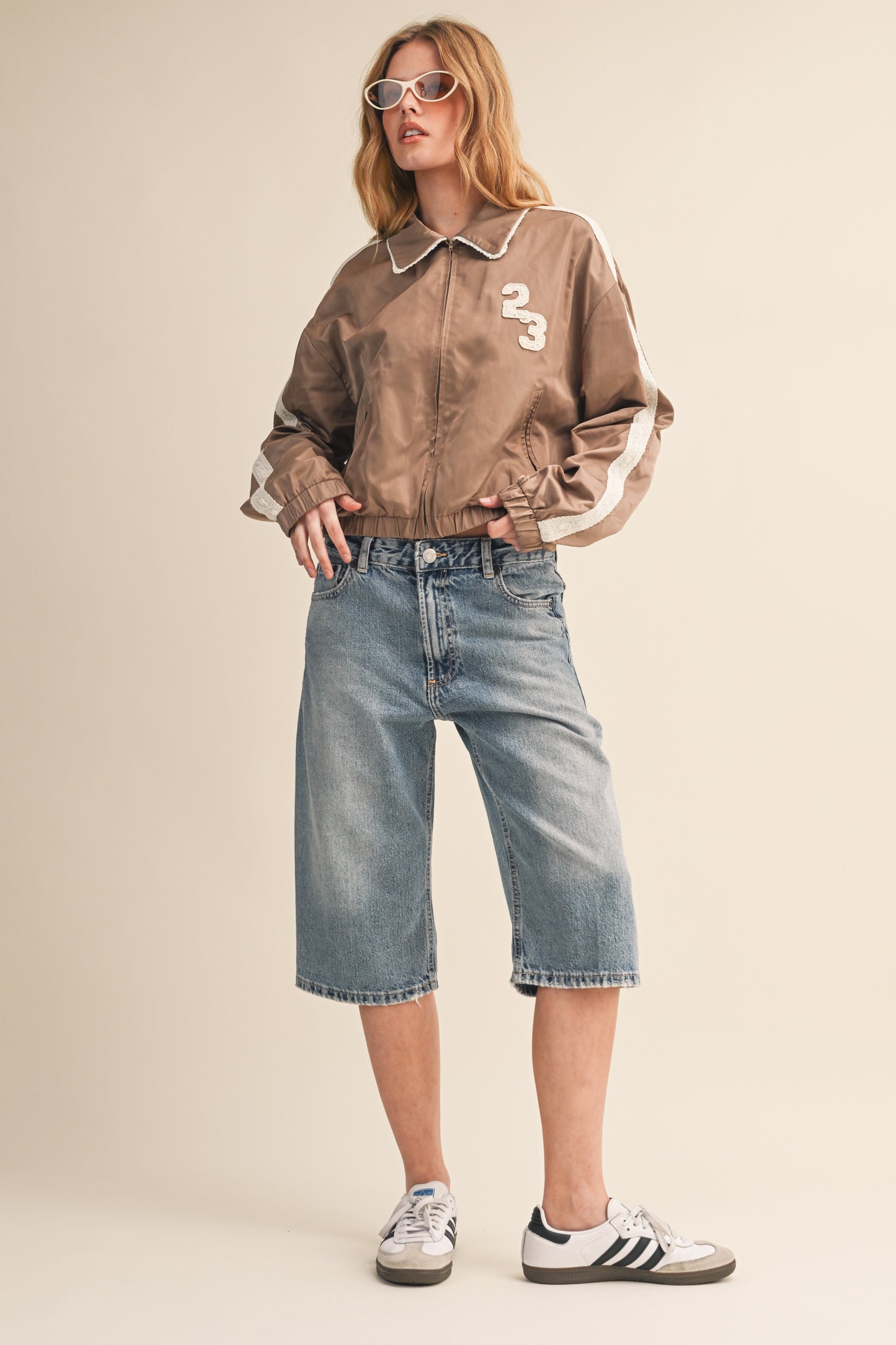 BEIGE 23 ZIP UP TRACK JACKET WITH CROCHET TRIM