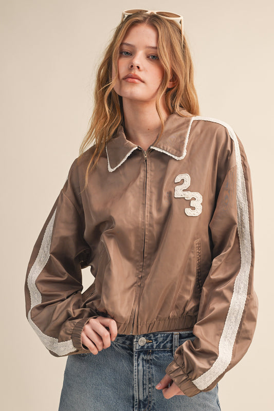 BEIGE 23 ZIP UP TRACK JACKET WITH CROCHET TRIM