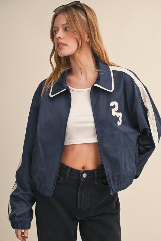 BEIGE 23 ZIP UP TRACK JACKET WITH CROCHET TRIM