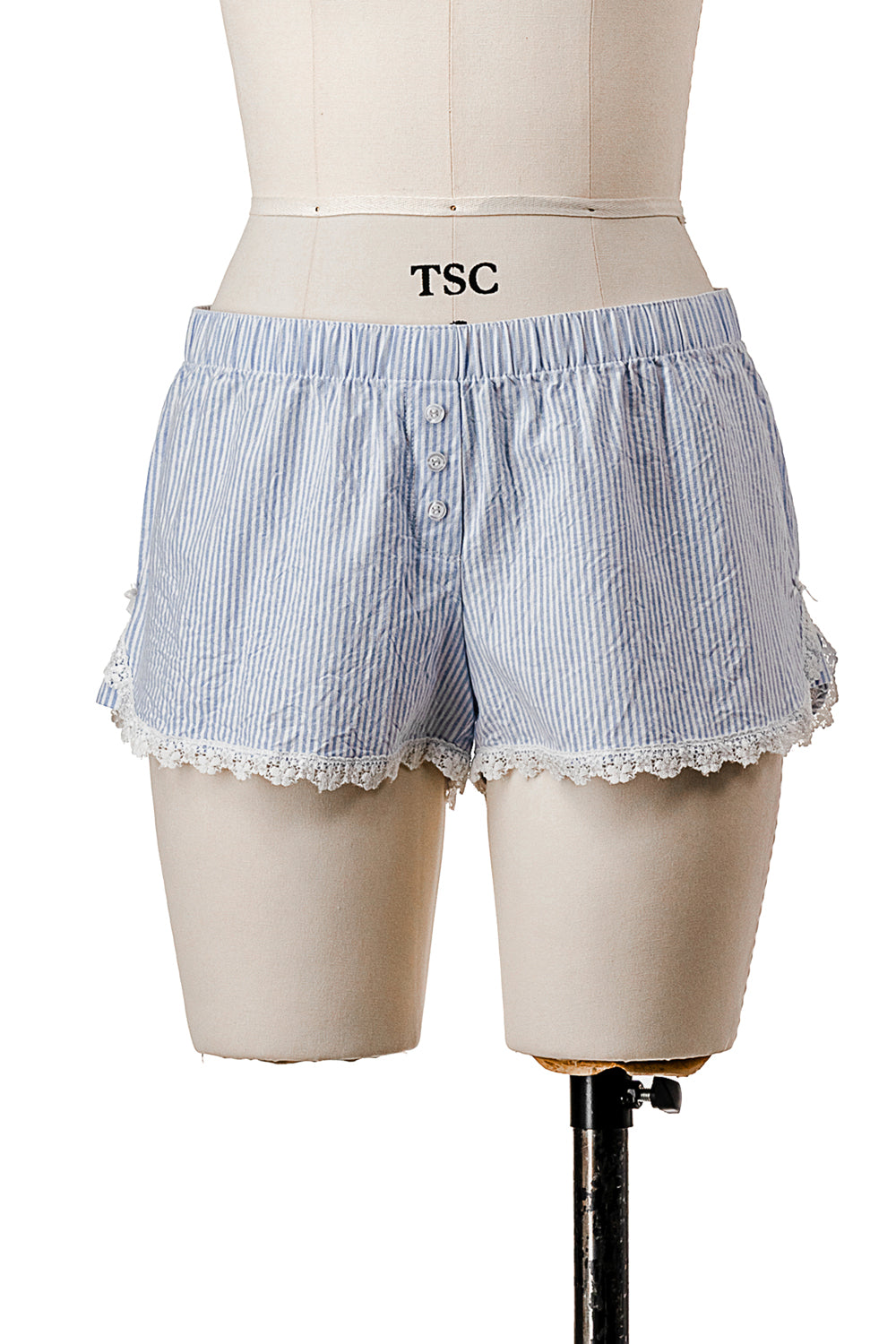 BLUE/WHITE PINSTRIPE BOXER SHORTS WITH LACE TRIM