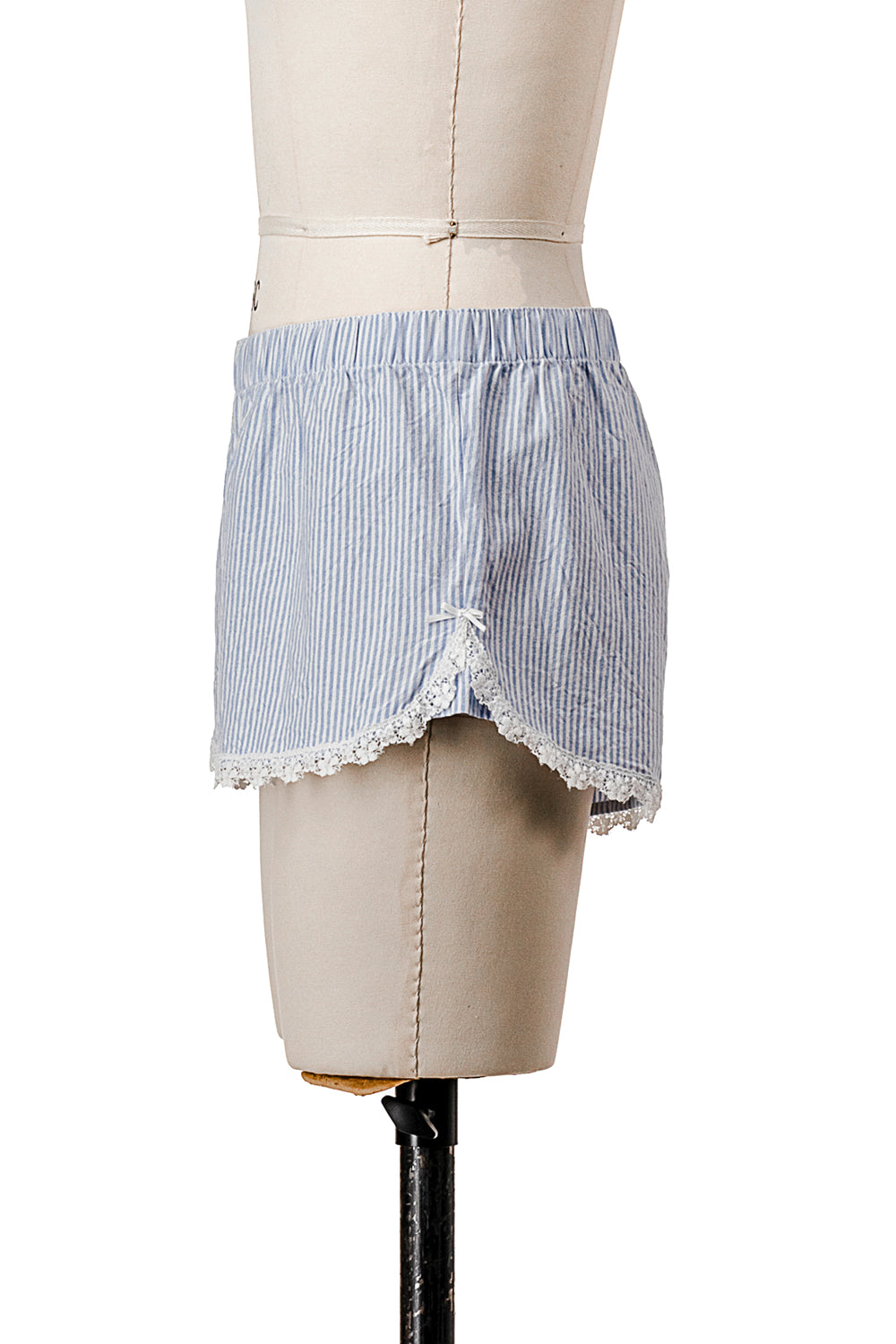 BLUE/WHITE PINSTRIPE BOXER SHORTS WITH LACE TRIM