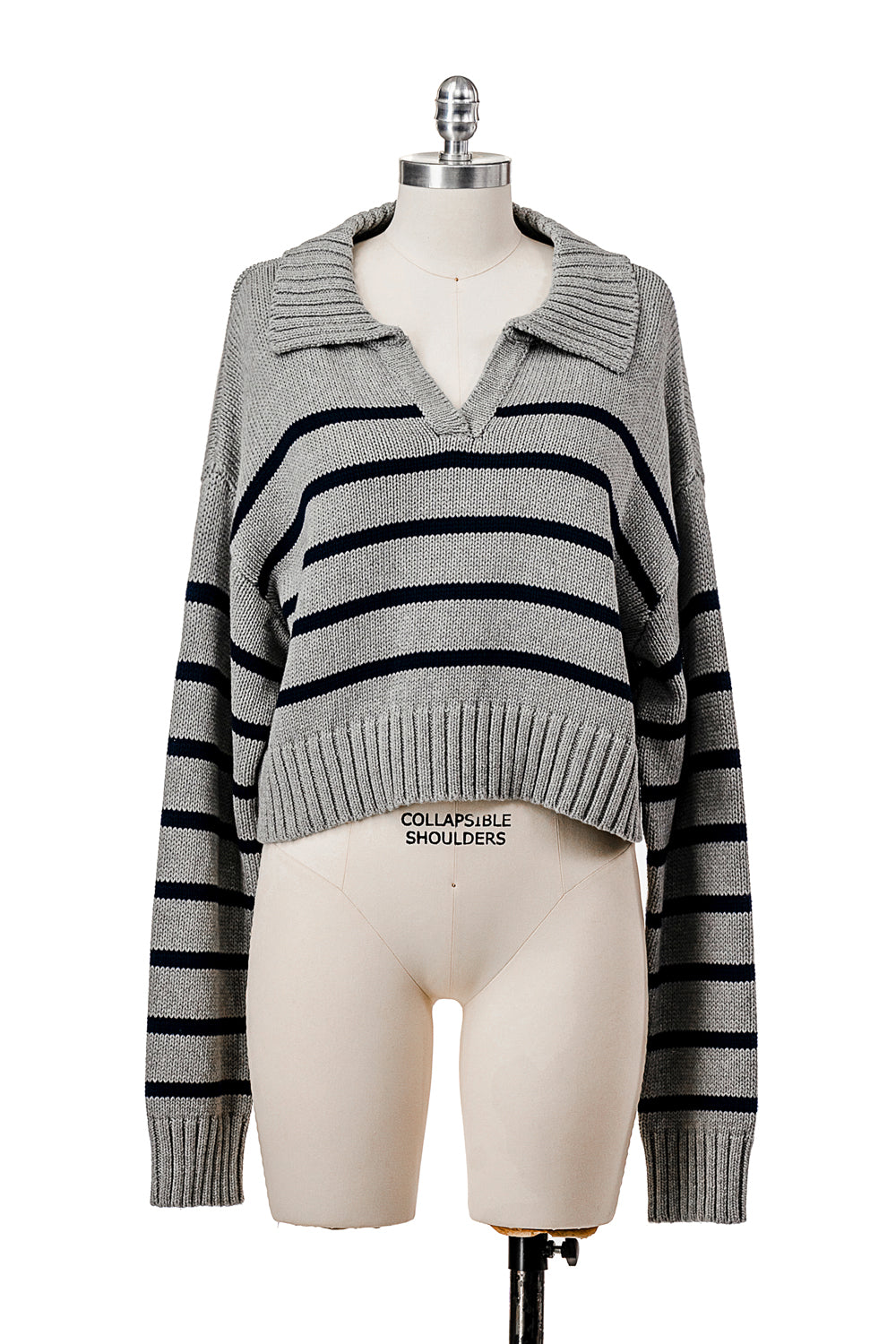 LONG SLEEVE STRIPED POLO V NECK KNIT SWEATER