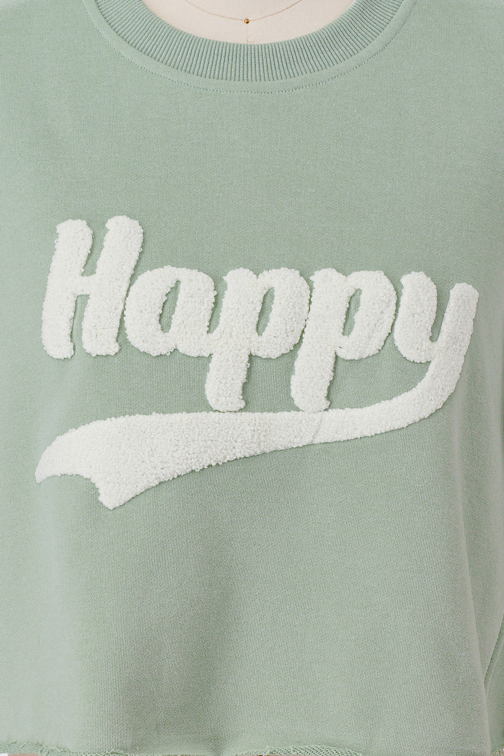 HAPPY FRENCH TERRY SWEATSHIRT W/ APPLIQUE CROPPED RAW EDGE