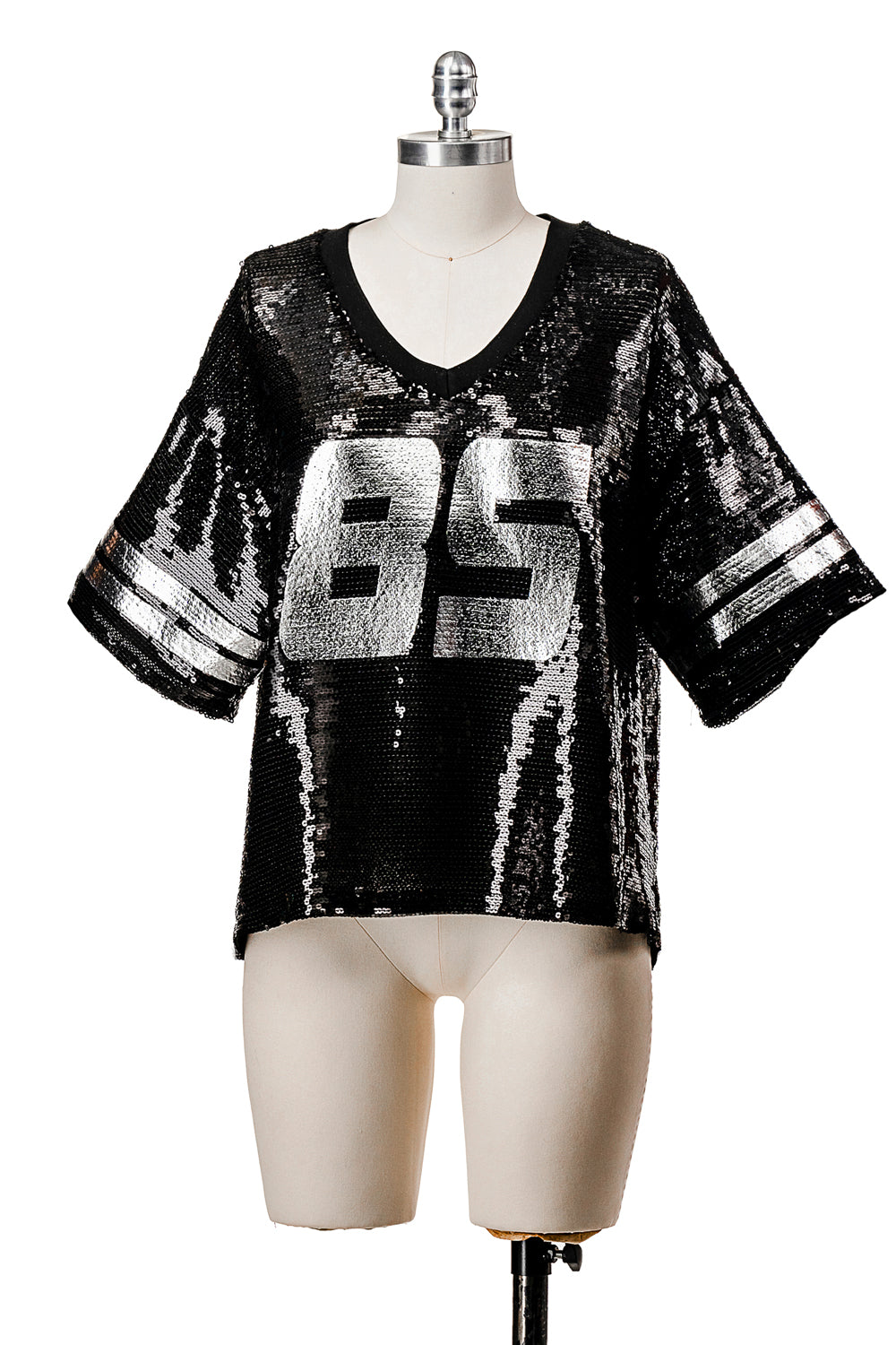 SHORT SLEEVE V NECK SPORTS JERSEY IN SEQUINED FABRIC