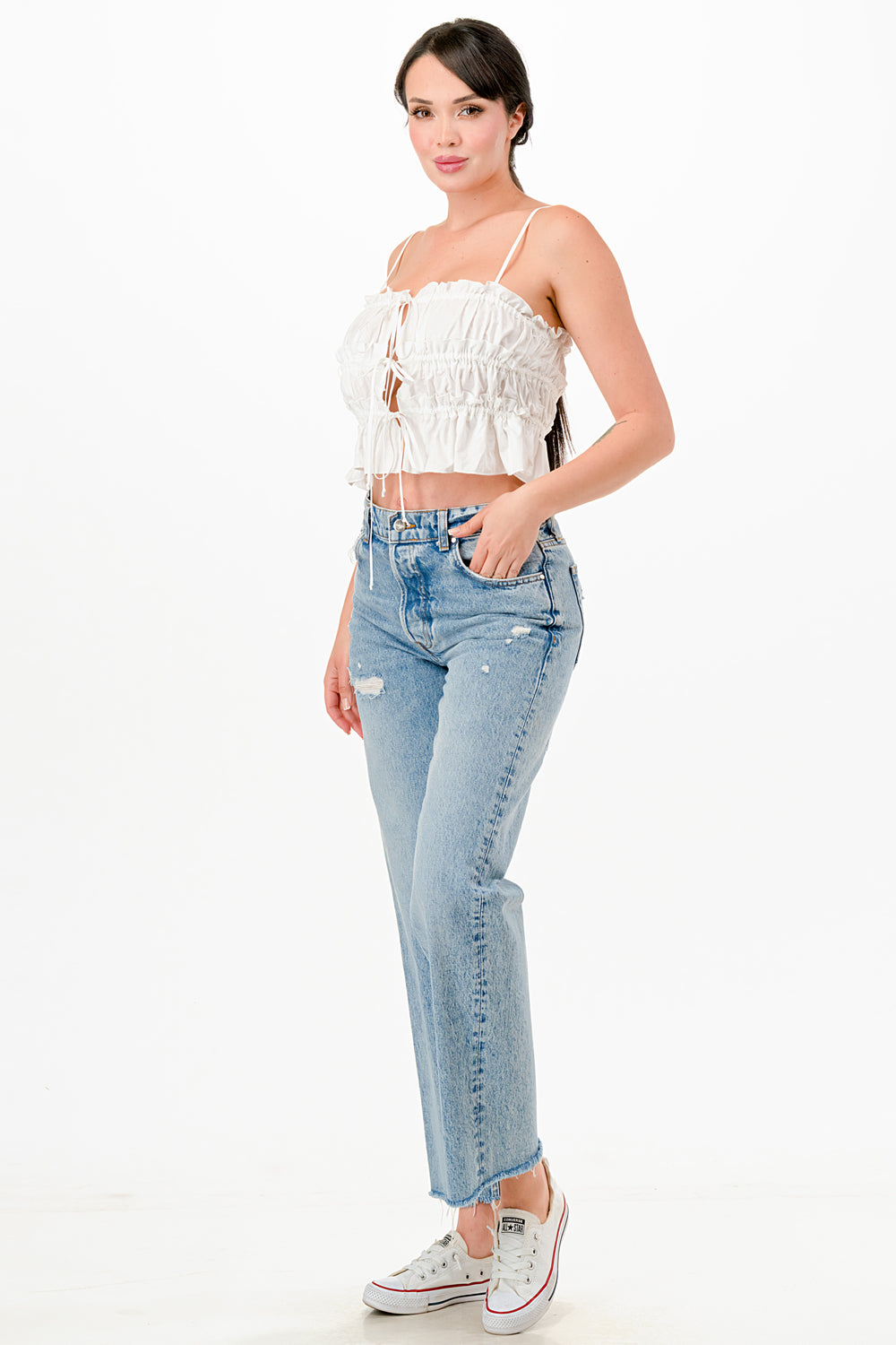 RUCHED TRIPLE TIE (FUNCTIONAL) WOVEN TUBE TOP WITH ADJUSTABLE STRAPS