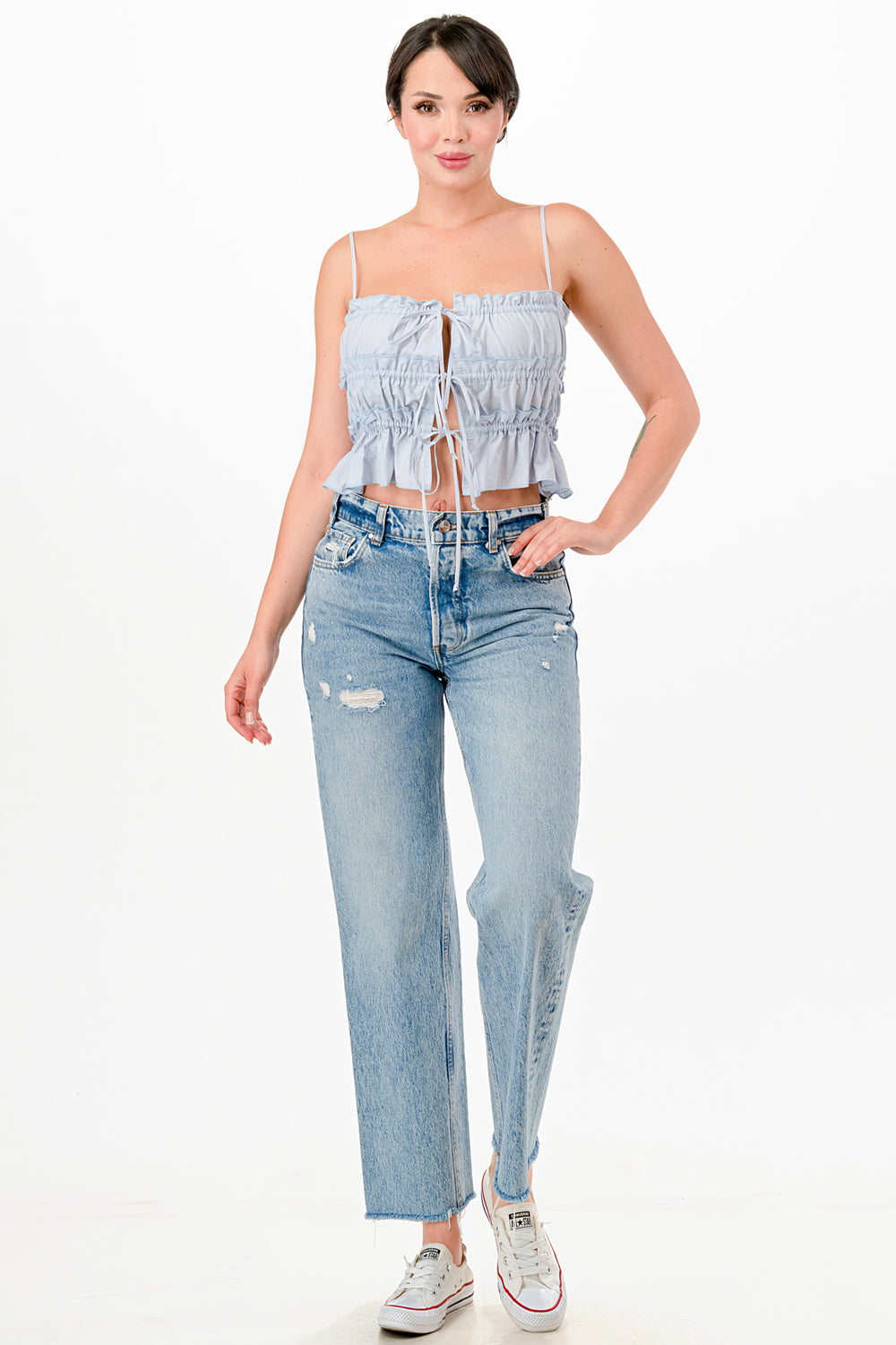 RUCHED TRIPLE FRONT TIE WOVEN TUBE TOP WITH STRAPS