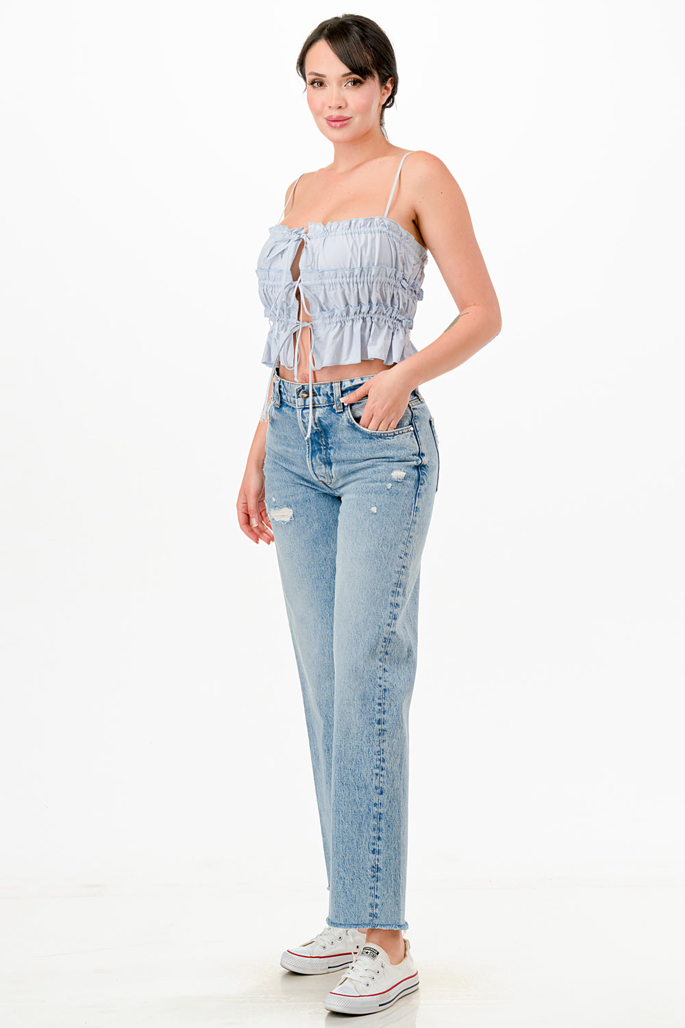 RUCHED TRIPLE FRONT TIE WOVEN TUBE TOP WITH STRAPS
