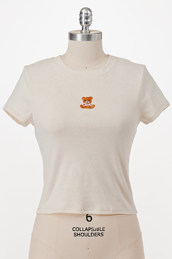 SHORT SLEEVE TEDDY BEAR EMBROIDERY WITH 3D PINK RIBBON  BABY TEE