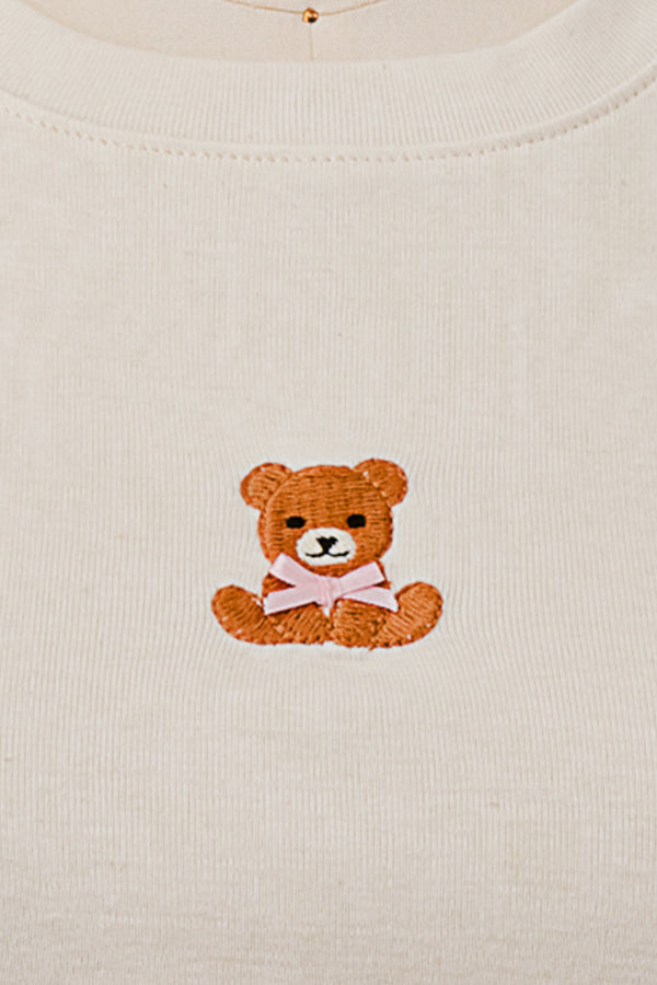 SHORT SLEEVE TEDDY BEAR EMBROIDERY WITH 3D PINK RIBBON  BABY TEE