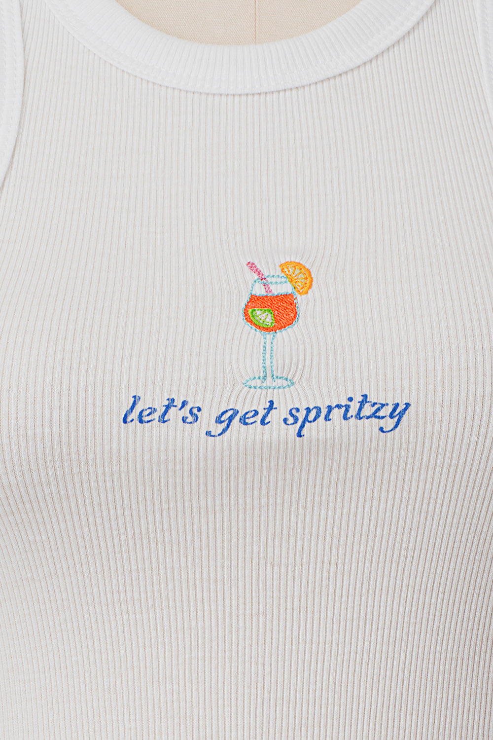 WHITE LET'S GET SPRITZY RIBBED TANK TOP EMBROIDERY