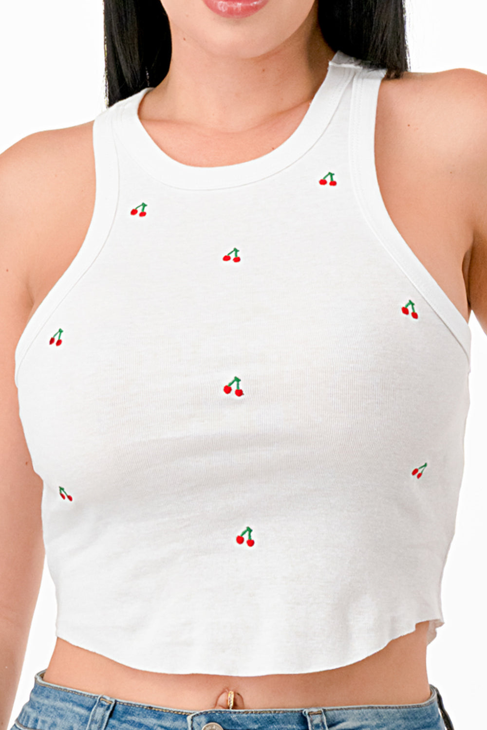 ALL OVER MINI CHERRIES EMBROIDERY TANK TOP IN COTTON BABY RIB