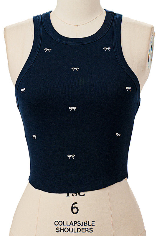 NAVY ALL OVER RIBBON EMBROIDERY TANK TOP