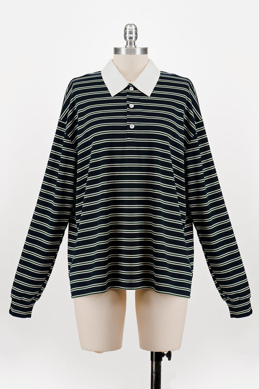 OVERSIZED LONG SLEEVE STRIPED POLO NAVY/HUNTER