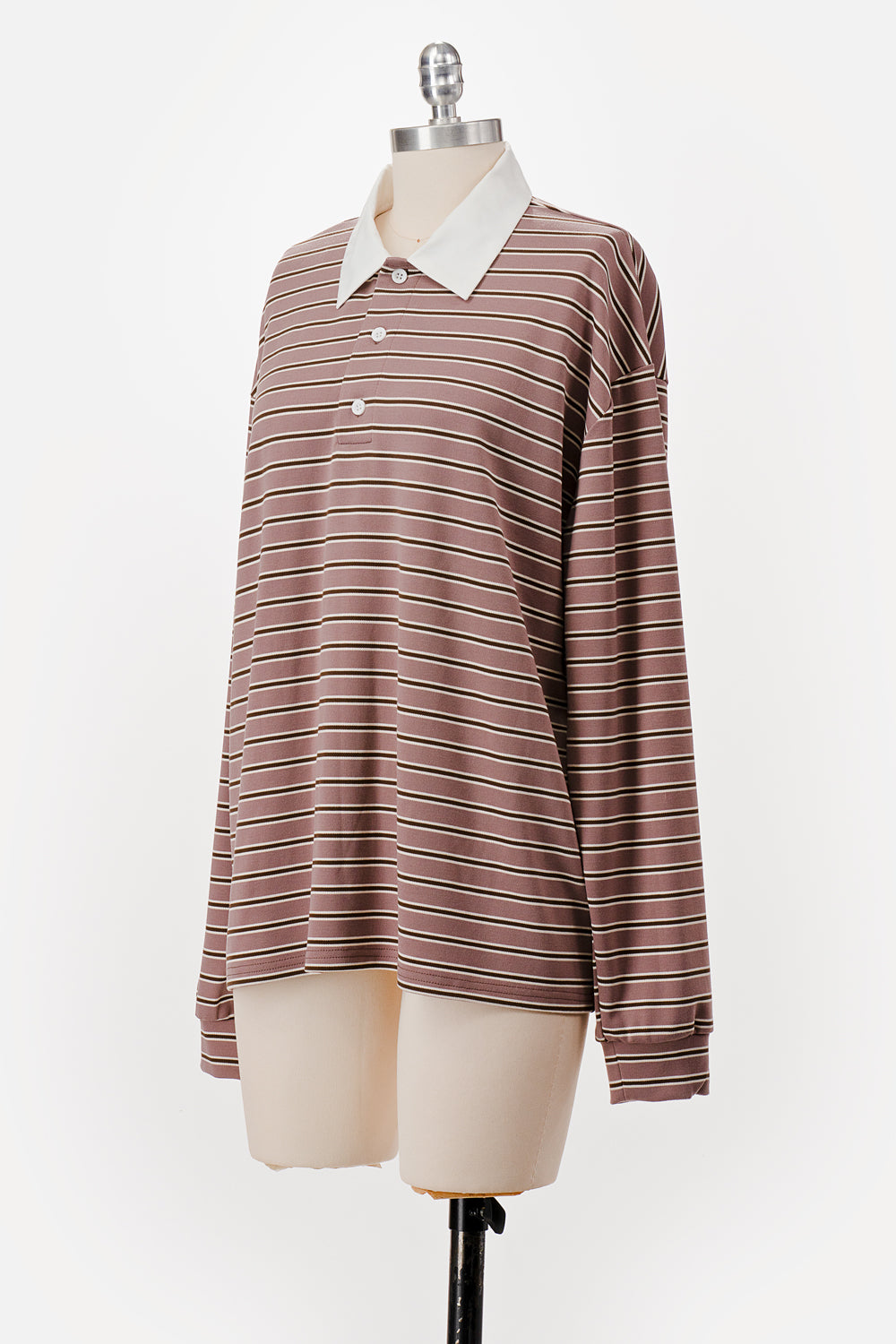 OVERSIZED LONG SLEEVE STRIPED POLO MAUVE/BROWN