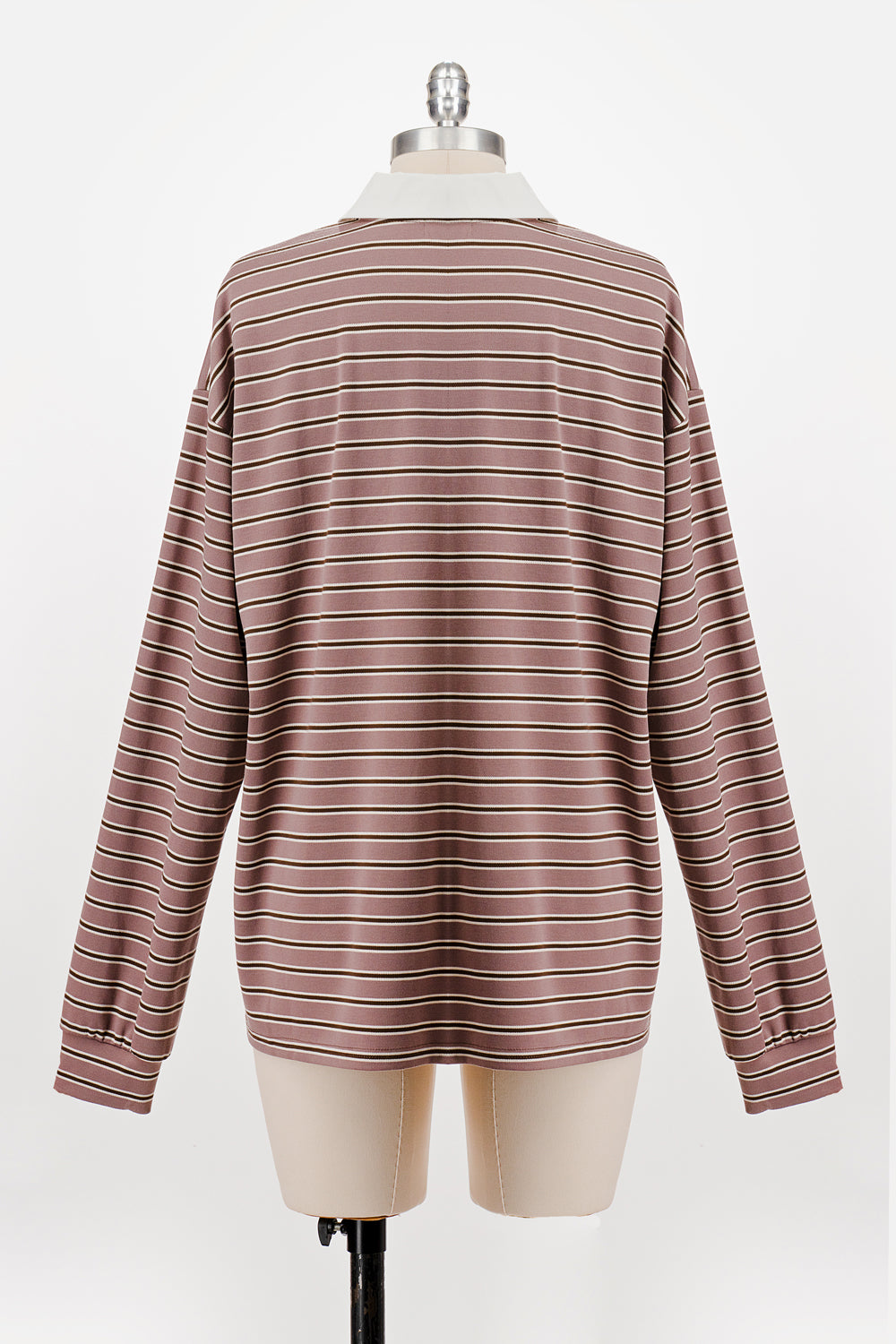 OVERSIZED LONG SLEEVE STRIPED POLO MAUVE/BROWN