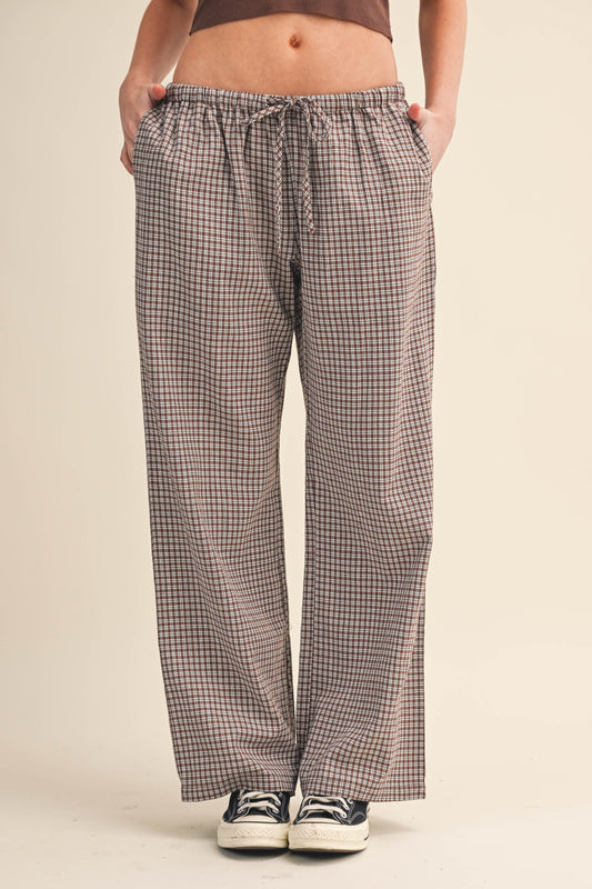 BROWN/IVORY CHECKERED DRAWSTRING PANTS