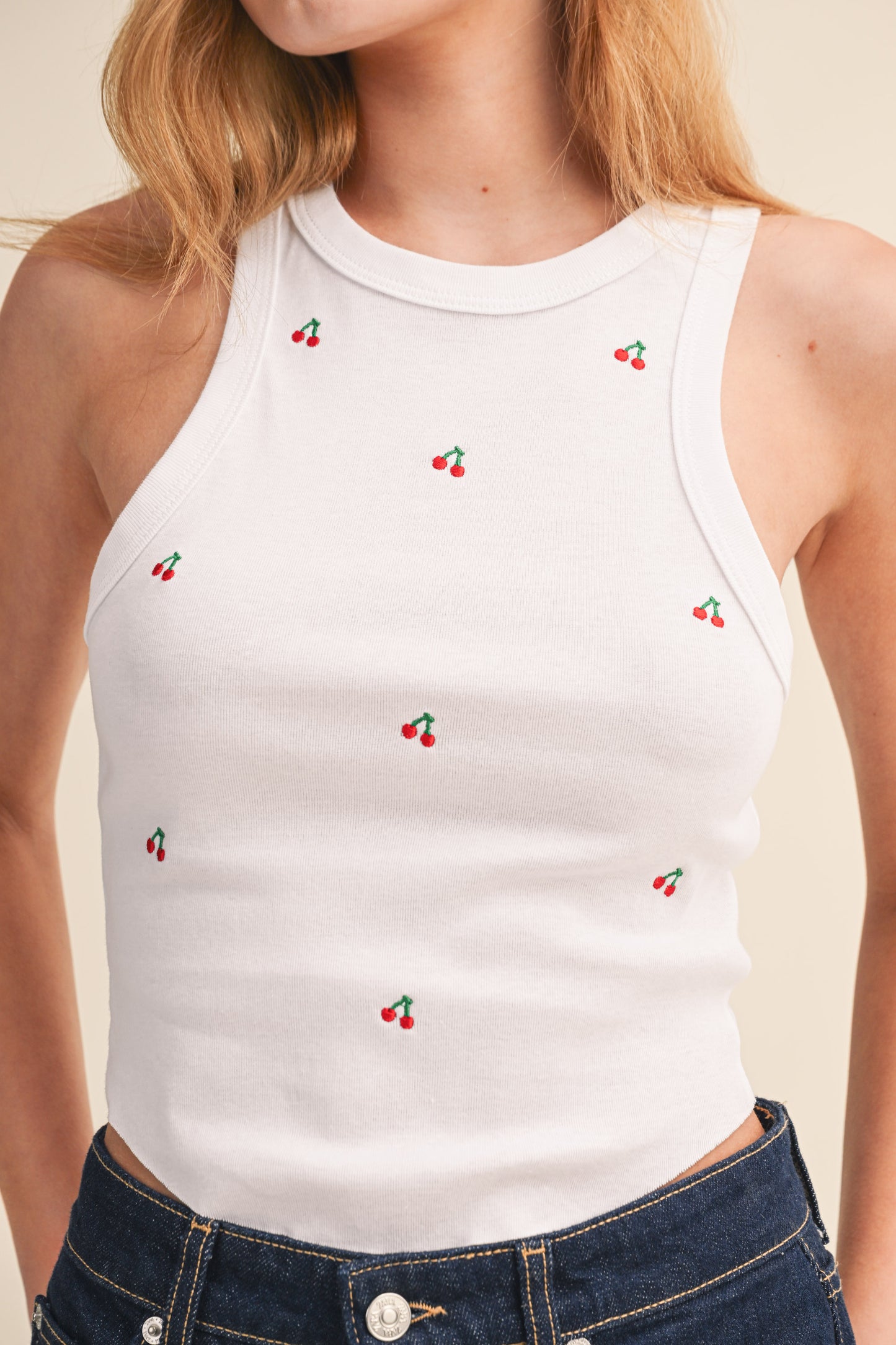 ALL OVER MINI CHERRIES EMBROIDERY TANK TOP IN COTTON BABY RIB