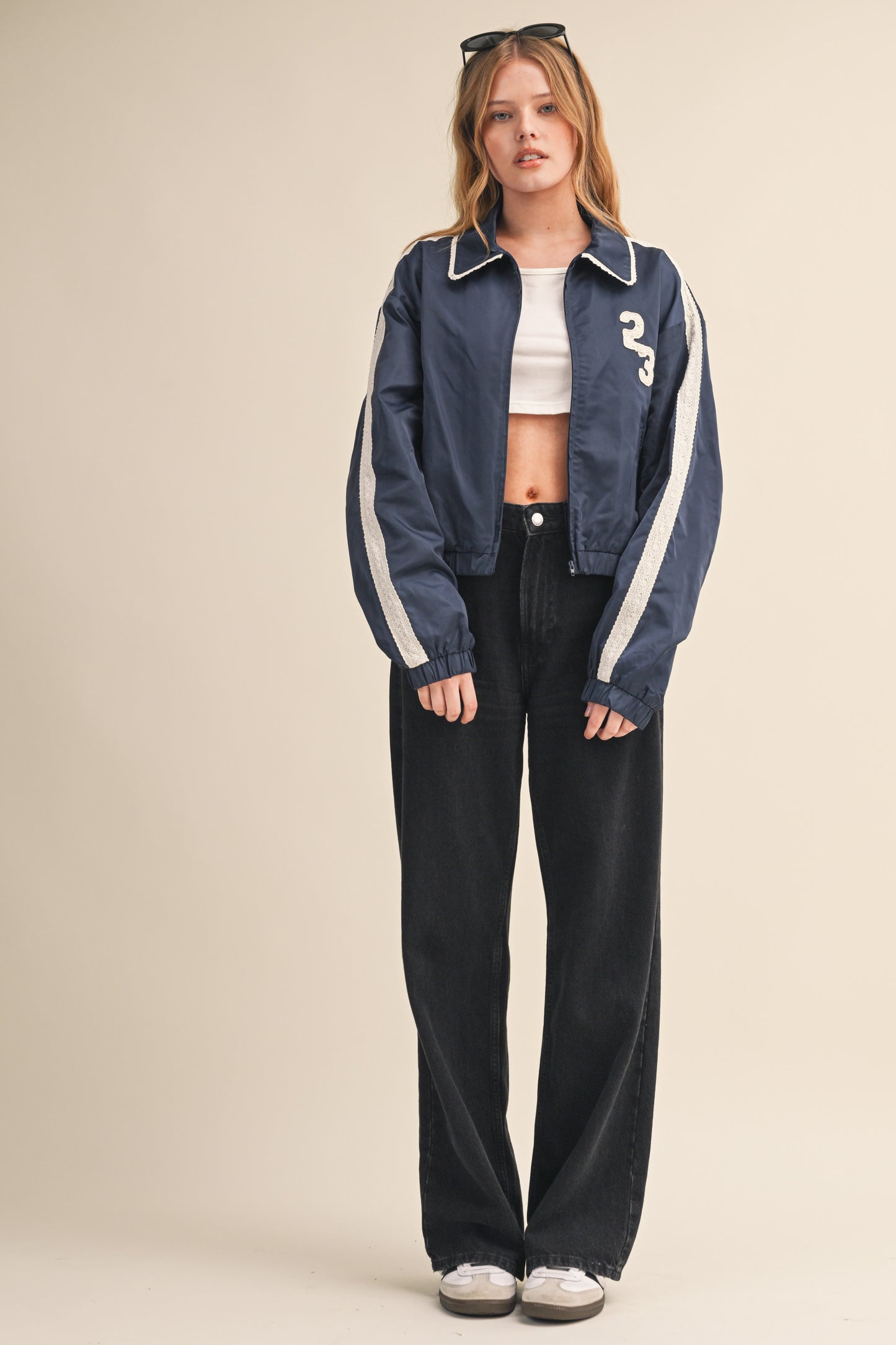 BEIGE 23 ZIP UP TRACK JACKET WITH CROCHET TRIM