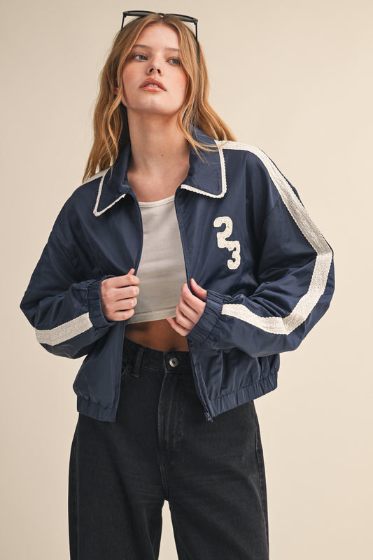 BEIGE 23 ZIP UP TRACK JACKET WITH CROCHET TRIM