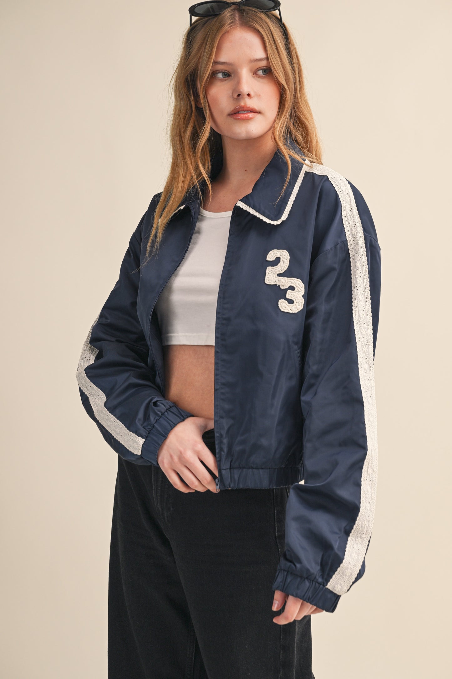 BEIGE 23 ZIP UP TRACK JACKET WITH CROCHET TRIM