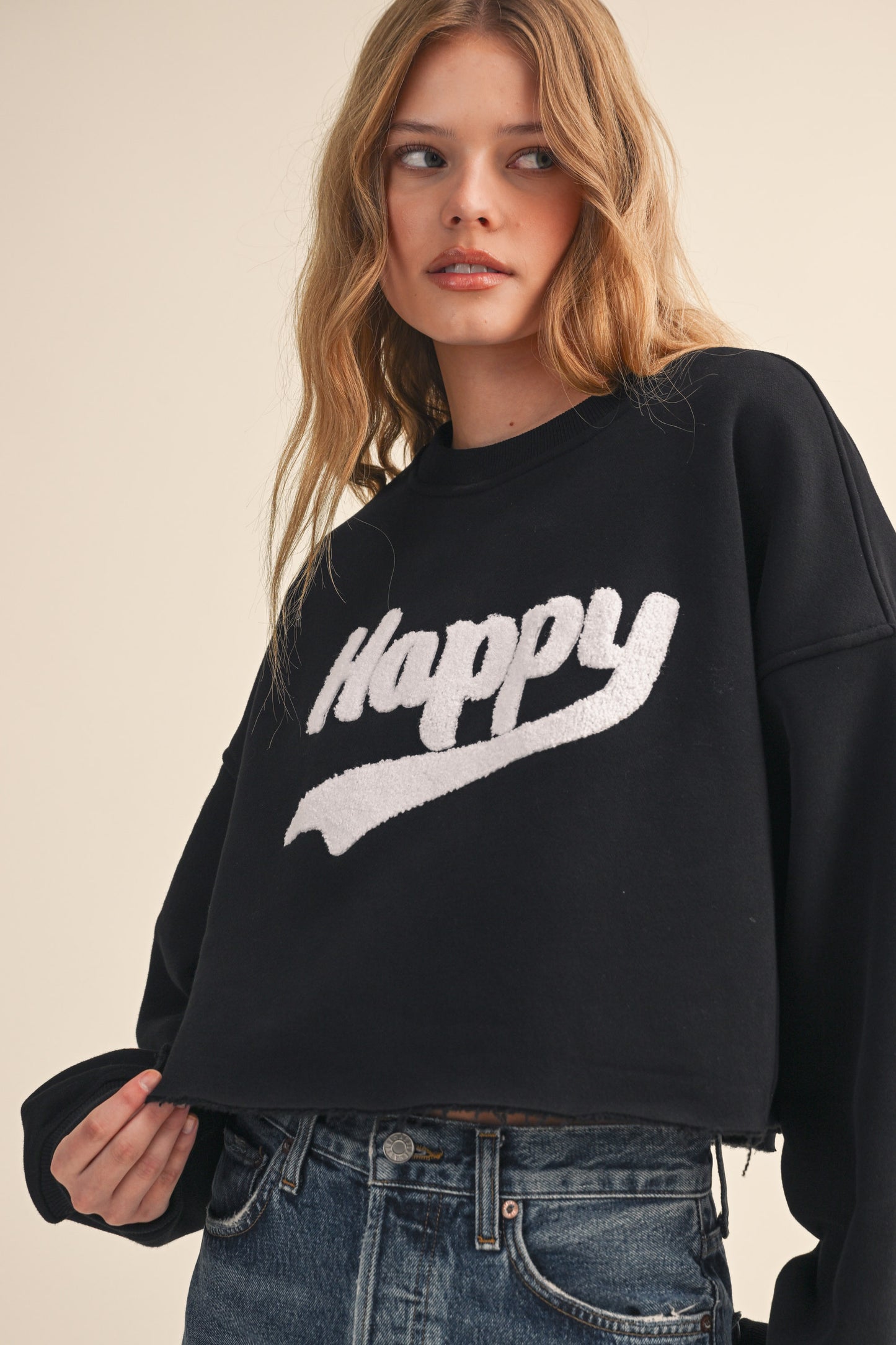 BLACK HAPPY FLEECE SWEATSHIRT