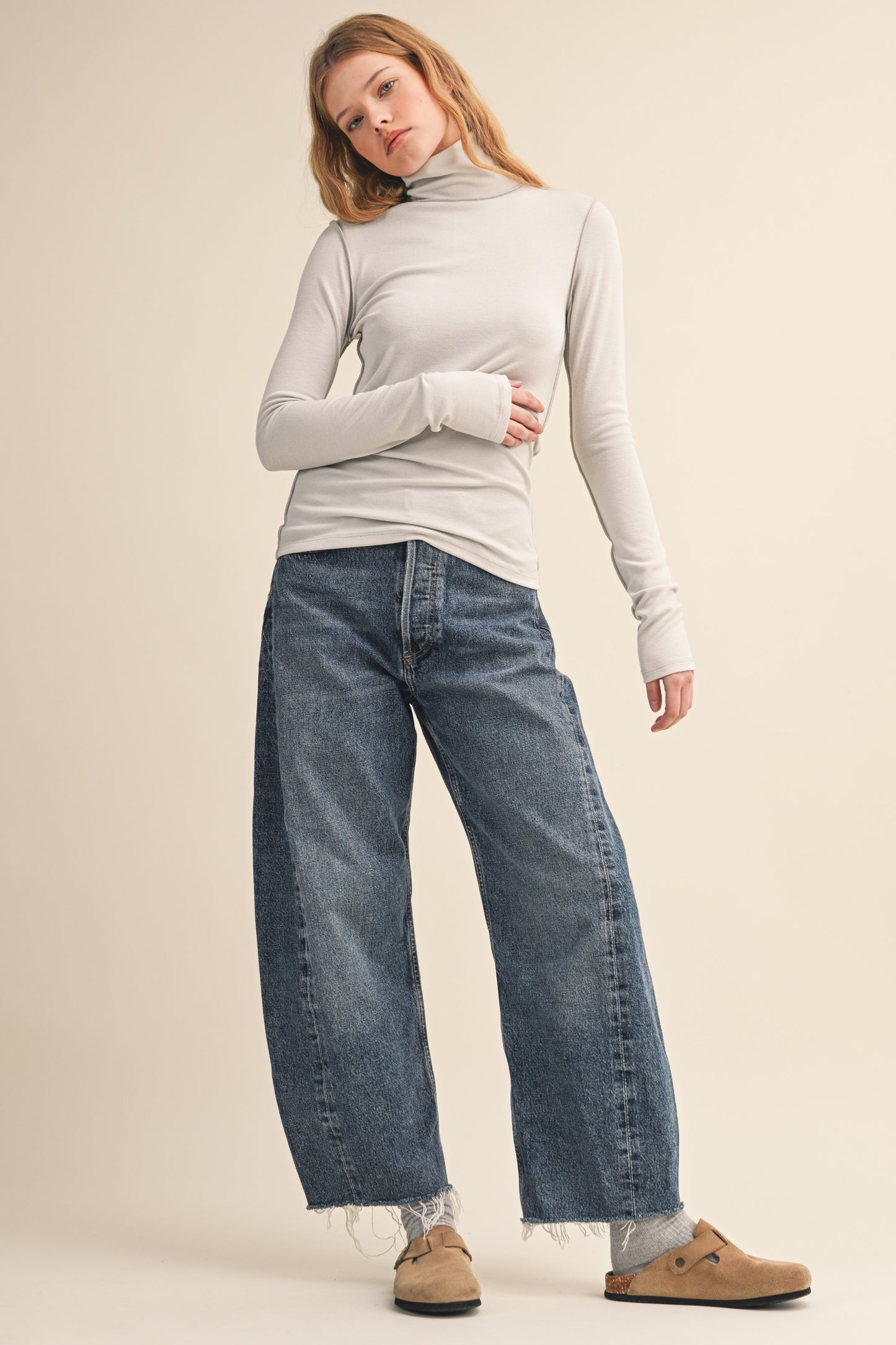 BONE SOFT BABYRIB LONG SLEEVE MOCKNECK WITH EXPOSED STITCHING