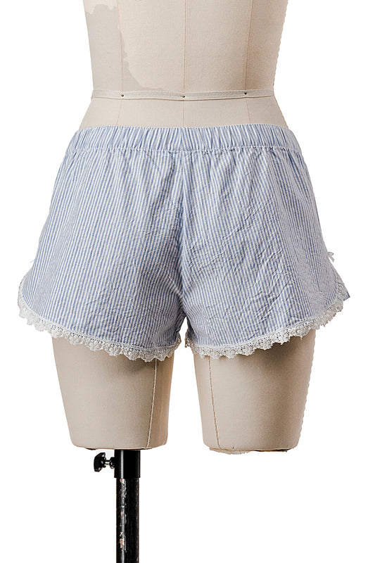 BLUE/WHITE PINSTRIPE BOXER SHORTS WITH LACE TRIM