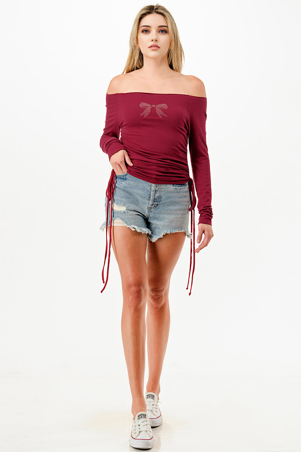 LONG SLEEVE OFF SHOULDER WITH RHINESTONES