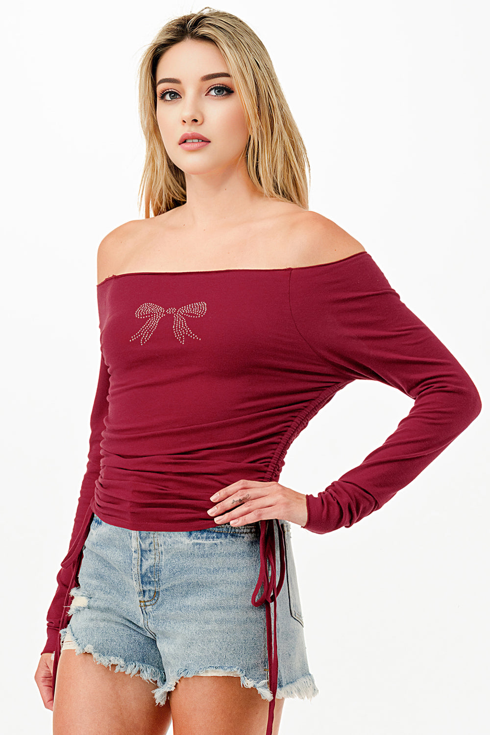 LONG SLEEVE OFF SHOULDER WITH RHINESTONES