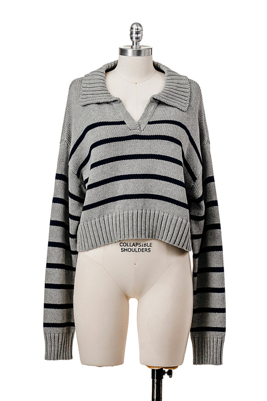 LONG SLEEVE STRIPED POLO V NECK KNIT SWEATER