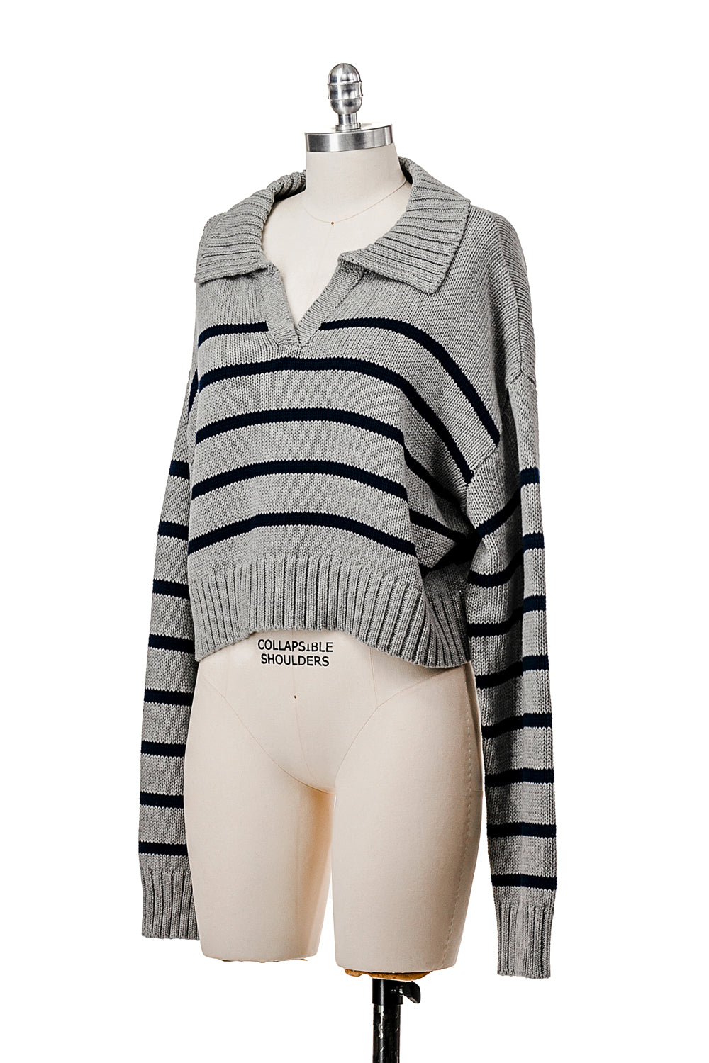 LONG SLEEVE STRIPED POLO V NECK KNIT SWEATER