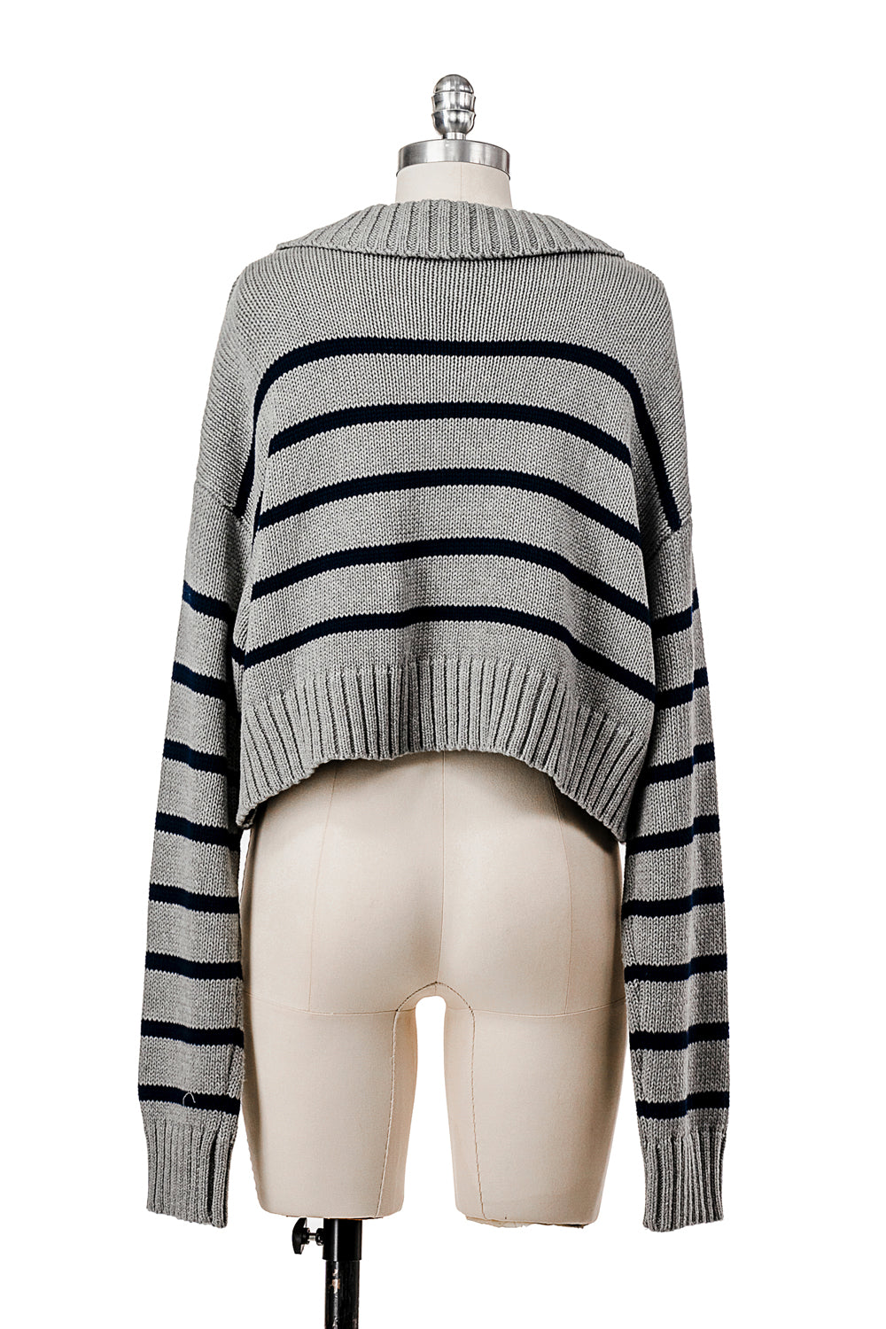 LONG SLEEVE STRIPED POLO V NECK KNIT SWEATER