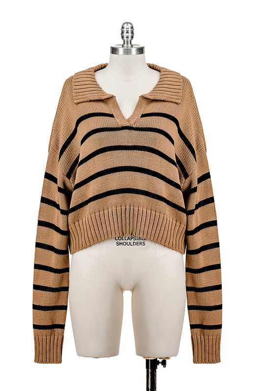 LONG SLEEVE STRIPED POLO V NECK KNIT SWEATER
