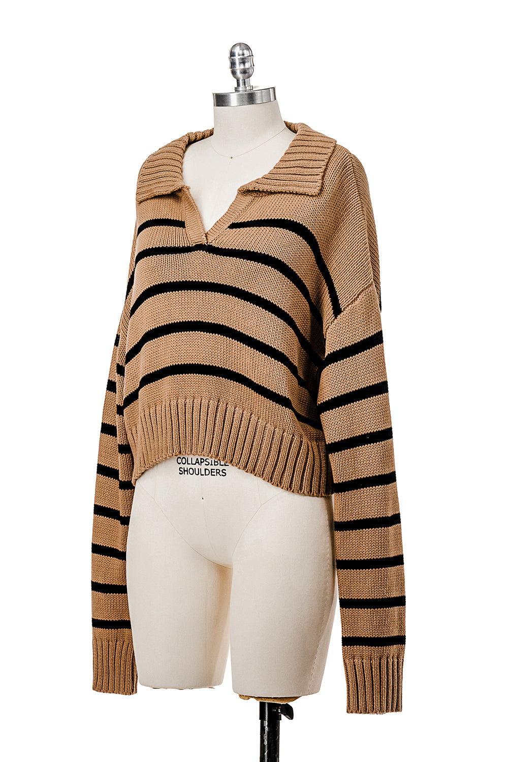 LONG SLEEVE STRIPED POLO V NECK KNIT SWEATER