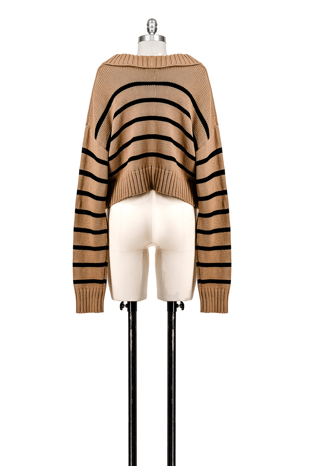 LONG SLEEVE STRIPED POLO V NECK KNIT SWEATER