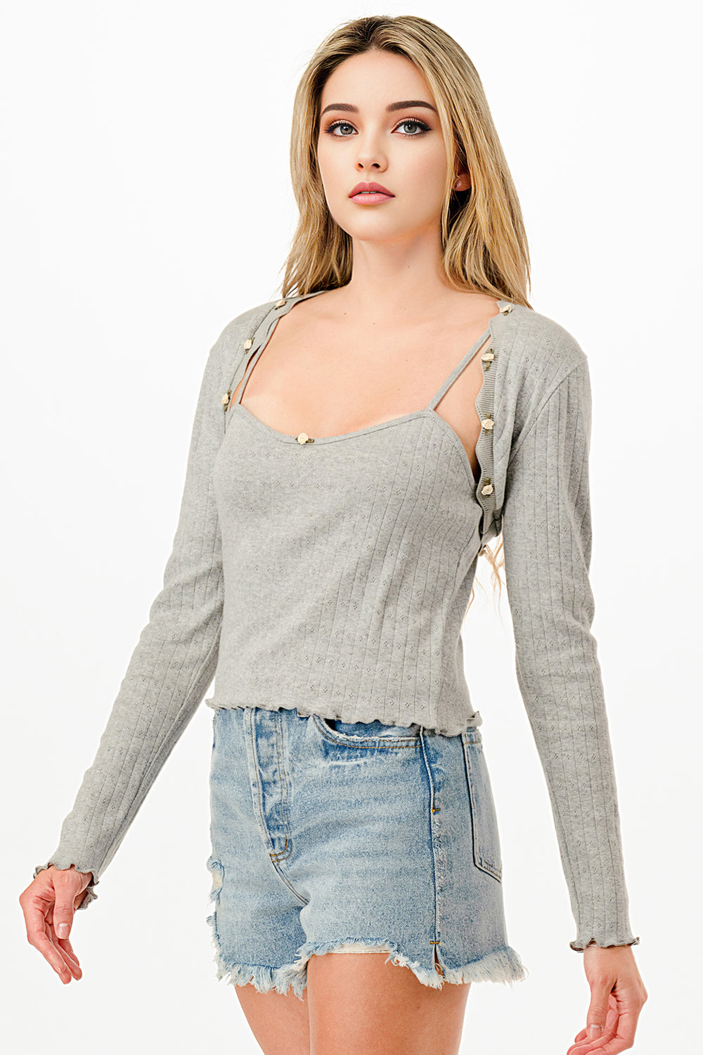 POINTELLE RIB CAMI AND BOLERO SET W/ ROSETTE TRIM