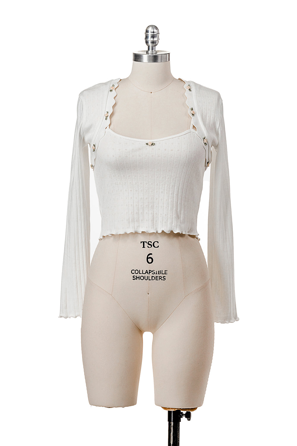 POINTELLE RIB CAMI AND BOLERO SET W/ ROSETTE TRIM