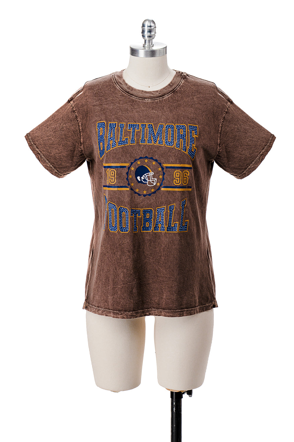 SHORT SLEEVE MINERAL WASHED T-SHIRT WITH GRAPHIC AND STONES