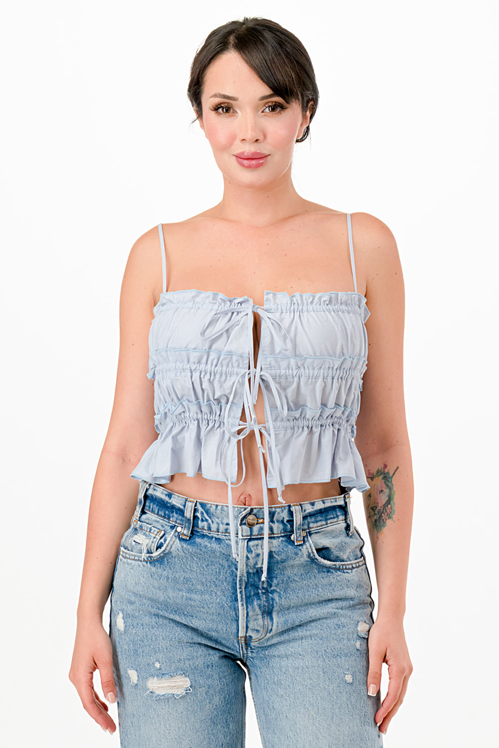 RUCHED TRIPLE FRONT TIE WOVEN TUBE TOP WITH STRAPS