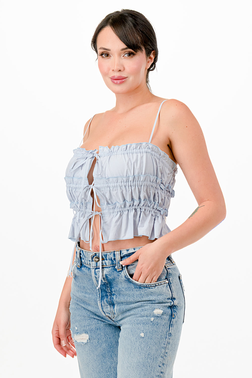 RUCHED TRIPLE FRONT TIE WOVEN TUBE TOP WITH STRAPS