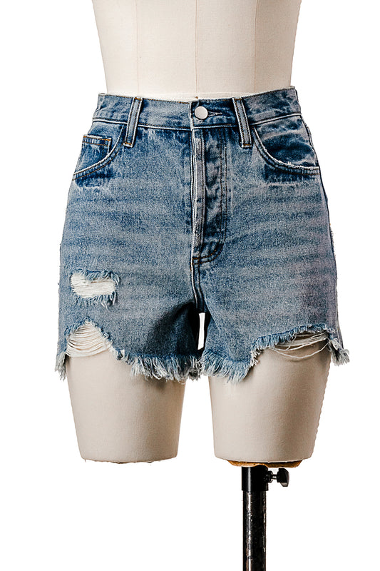 HIGH WAISTED DISTRESSED DENIM SHORTS WITH FRAYED HEM