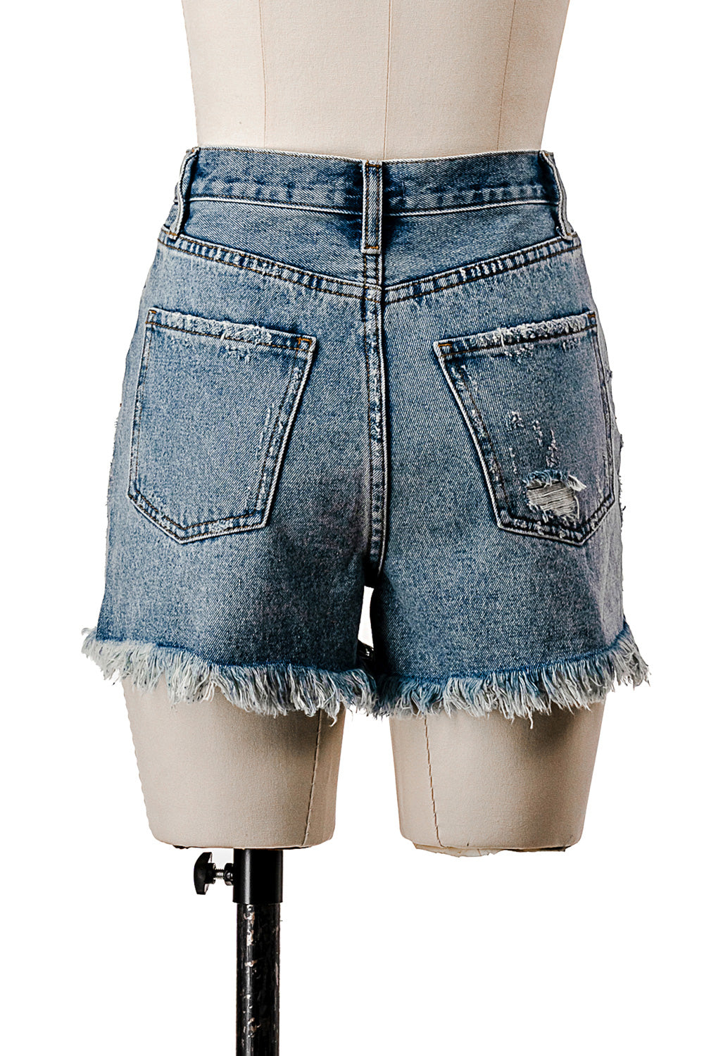 HIGH WAISTED DISTRESSED DENIM SHORTS WITH FRAYED HEM