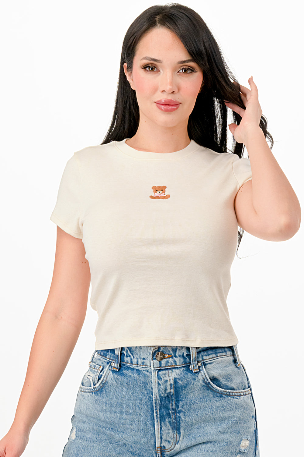 SHORT SLEEVE TEDDY BEAR EMBROIDERY WITH 3D PINK RIBBON  BABY TEE