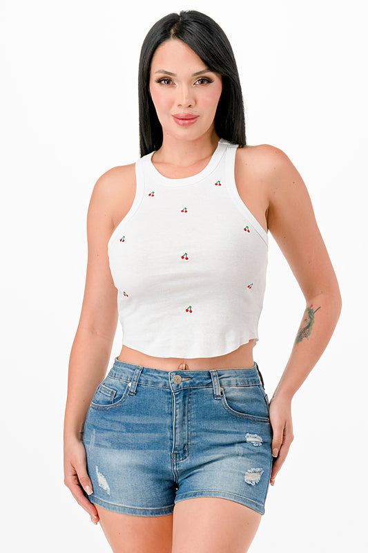 ALL OVER MINI CHERRIES EMBROIDERY TANK TOP IN COTTON BABY RIB