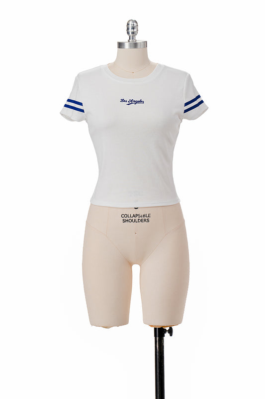WHITE LOS ANGELES BASEBALL BABY TEE WITH EMBROIDERY FRONT AND PRINTED SLEEVES