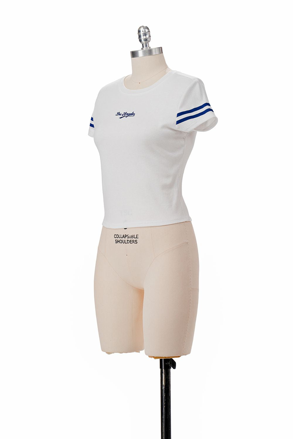 WHITE LOS ANGELES BASEBALL BABY TEE WITH EMBROIDERY FRONT AND PRINTED SLEEVES