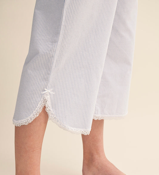 BLUE/WHITE PINSTRIPE BOXER PANTS WITH LACE TRIM