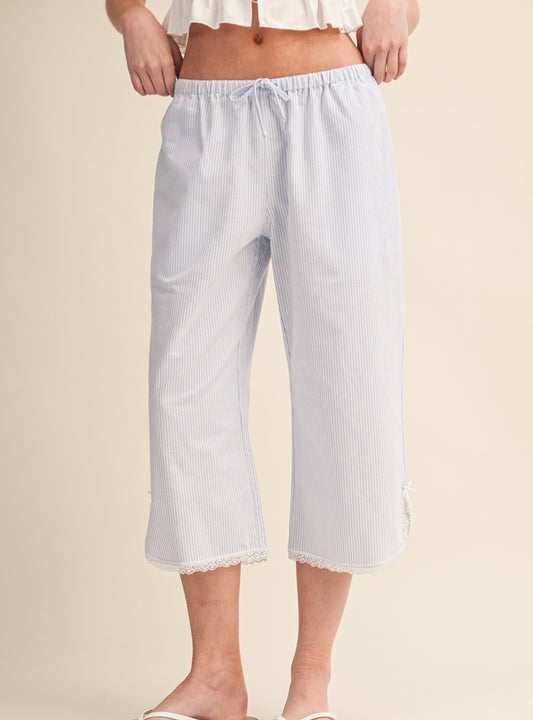 BLUE/WHITE PINSTRIPE BOXER PANTS WITH LACE TRIM