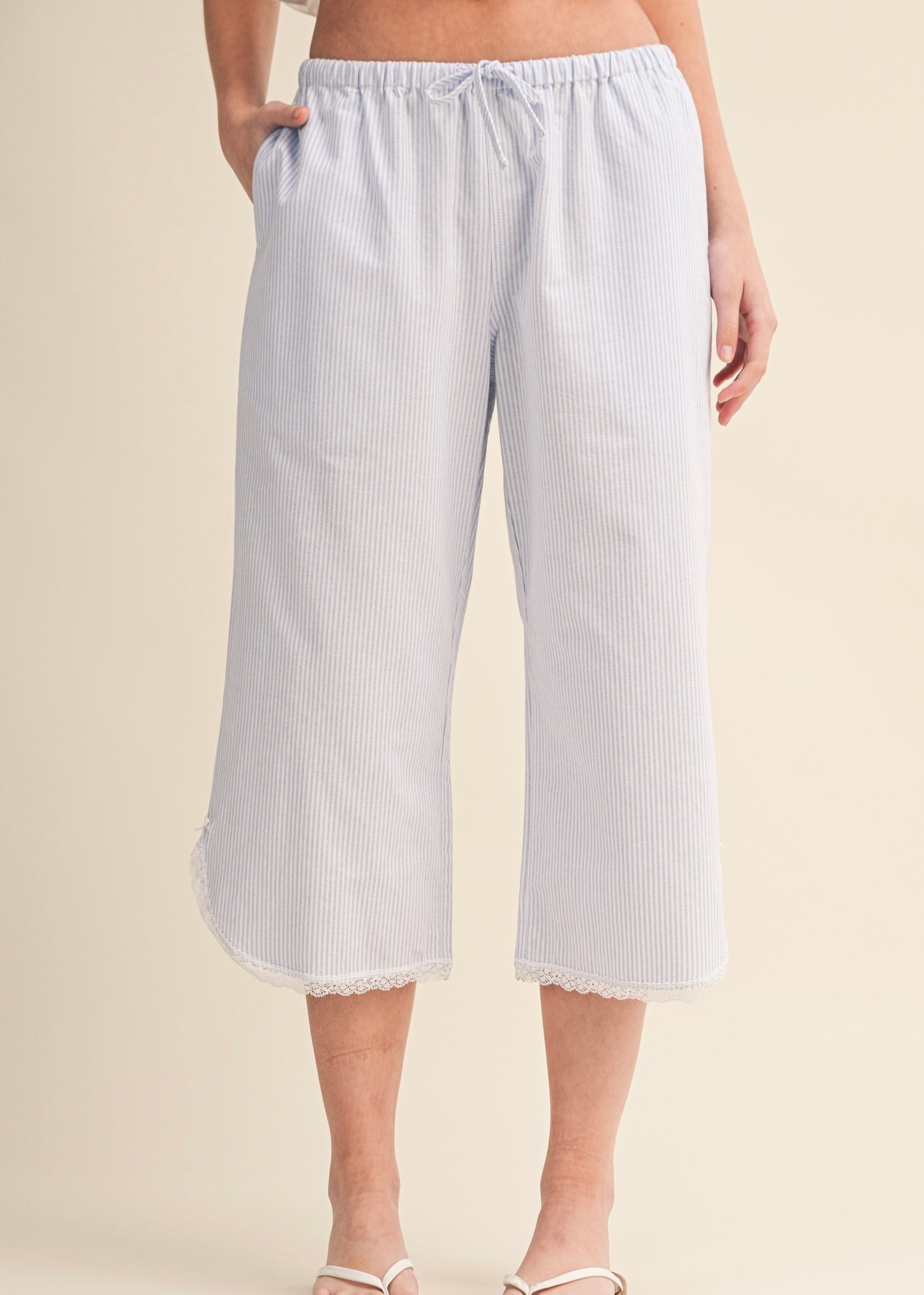 BLUE/WHITE PINSTRIPE BOXER PANTS WITH LACE TRIM