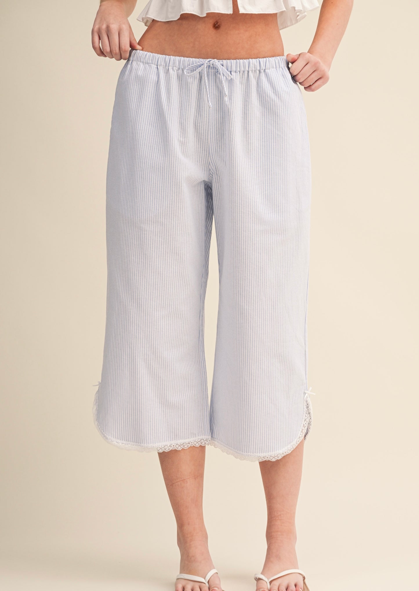 BLUE/WHITE PINSTRIPE BOXER PANTS WITH LACE TRIM